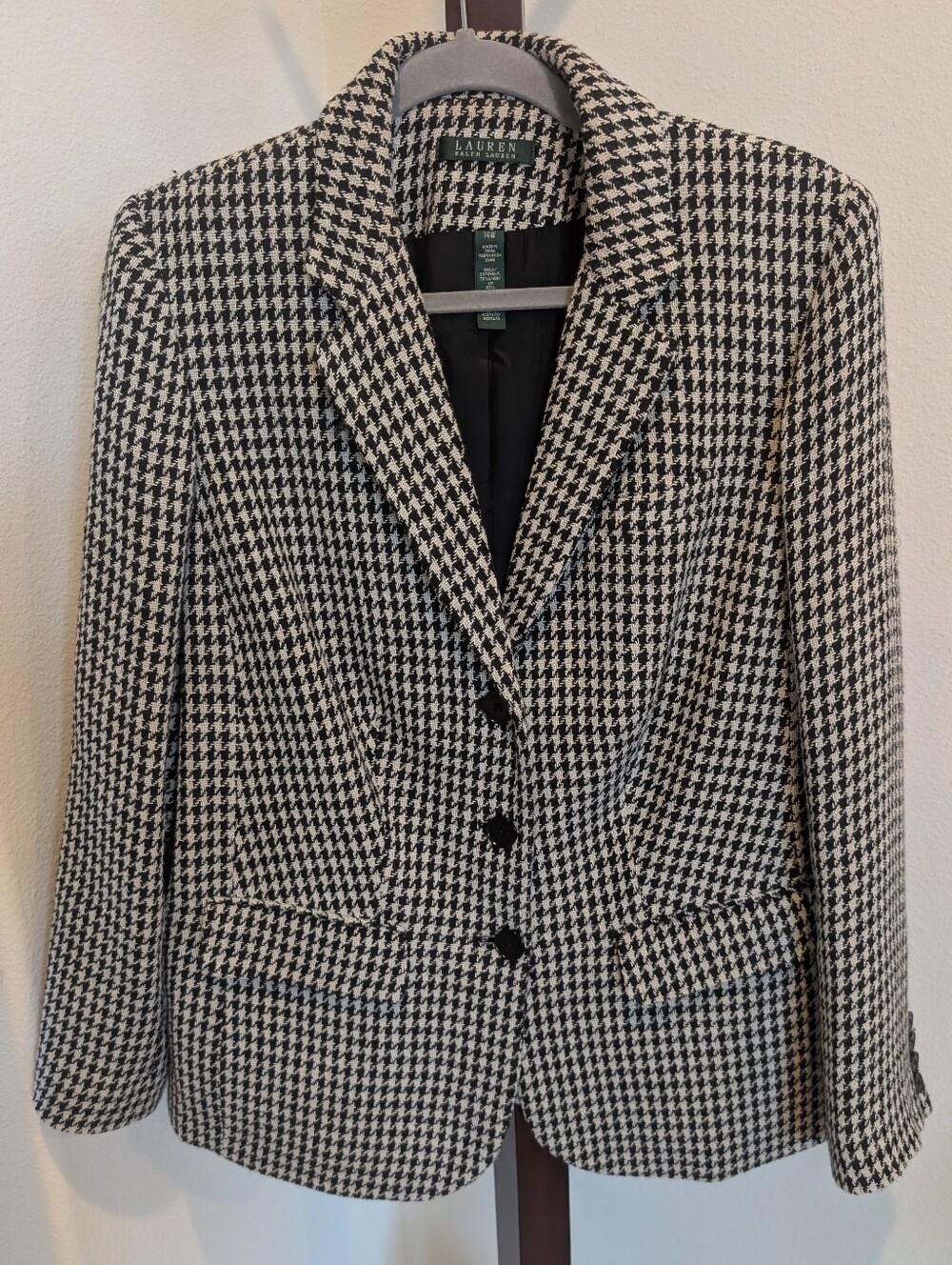 Ralph Lauren Linen Blend Black and White Houndstooth Blazer, Size 14W